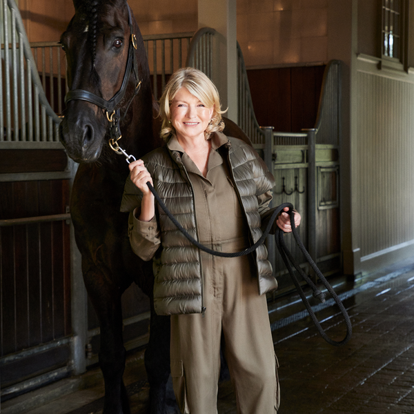 Martha Stewart wearing a puffer vest in brown color