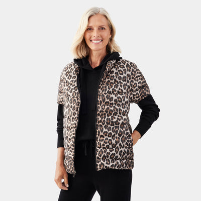 Short Sleeve Quilted Down Puffer Vest in Leopard
