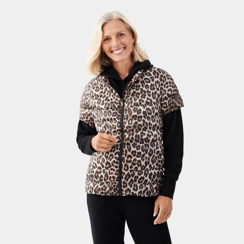 Short Sleeve Quilted Down Puffer Vest in Leopard