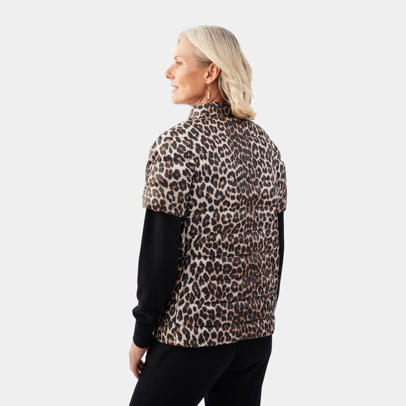 Short Sleeve Quilted Down Puffer Vest in Leopard