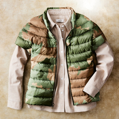 Short Sleeve Quilted Down Puffer Vest in Splashy Camouflage
