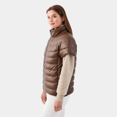 Faux Leather Short Sleeve Quilted Down Puffer Vest