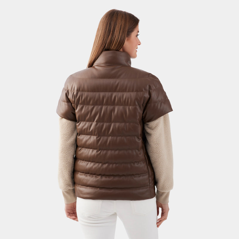 Faux Leather Short Sleeve Quilted Down Puffer Vest